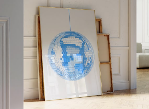 Blue Disco Ball Art Print, Retro Bar Cart Decor