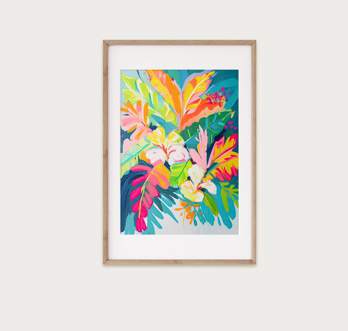 Vibrant Tropical Leaf Abstract Hot Pink Orange Teal Jungle Wall Art