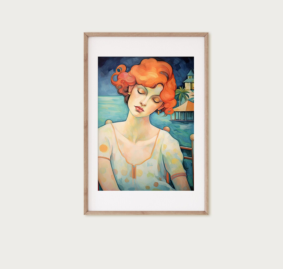 Red Haired Woman Art Nouveau Style Coastal Portrait Painting Poster