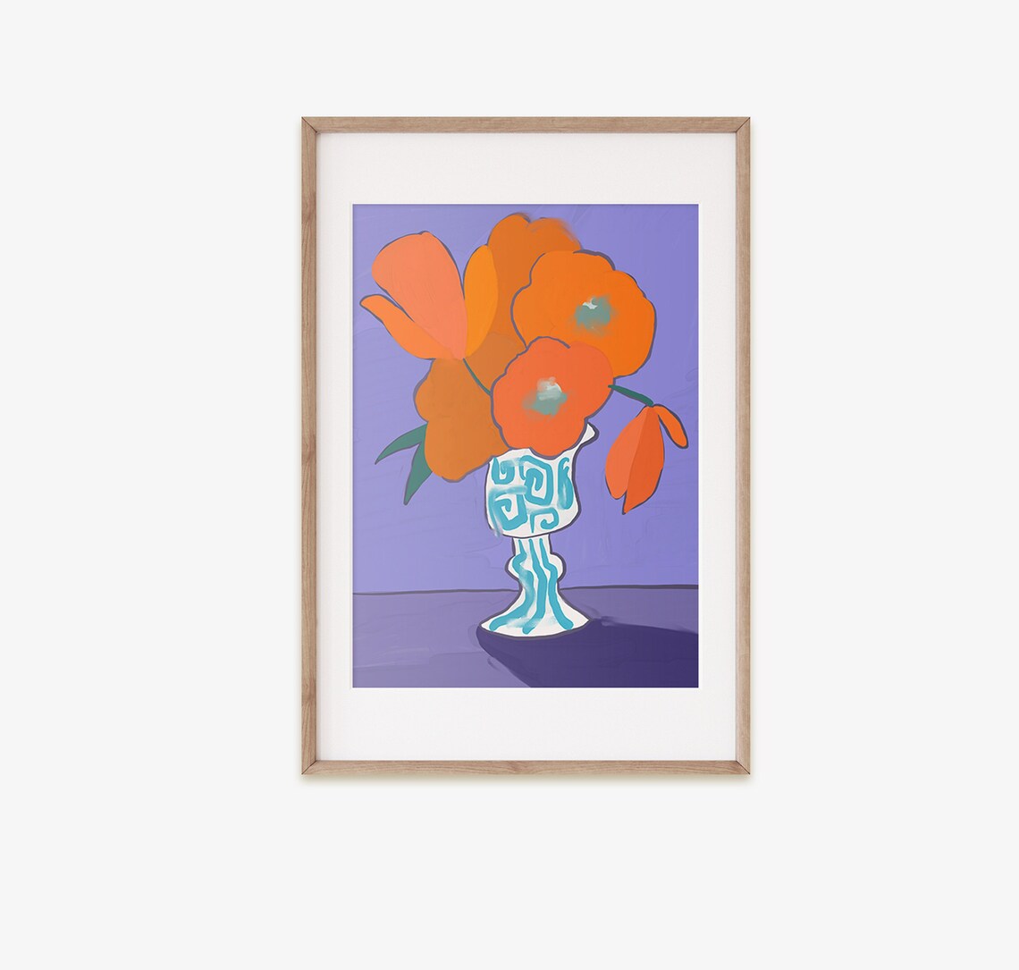 Orange Tulips Blue Patterned Vase Purple Bold Floral Poster Art Decor