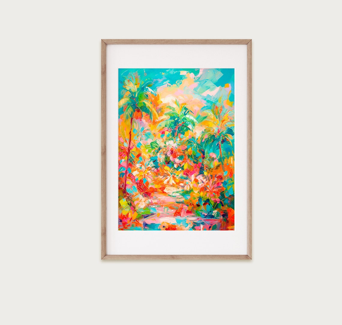 Vibrant Palm Trees Pink Blossoms Dense Tropical Foliage Wall Art