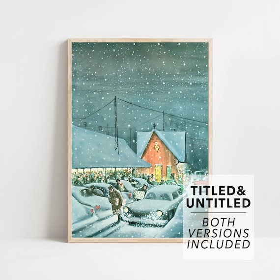 Snowy Village Night Vintage Christmas Winter Scene Art Poster