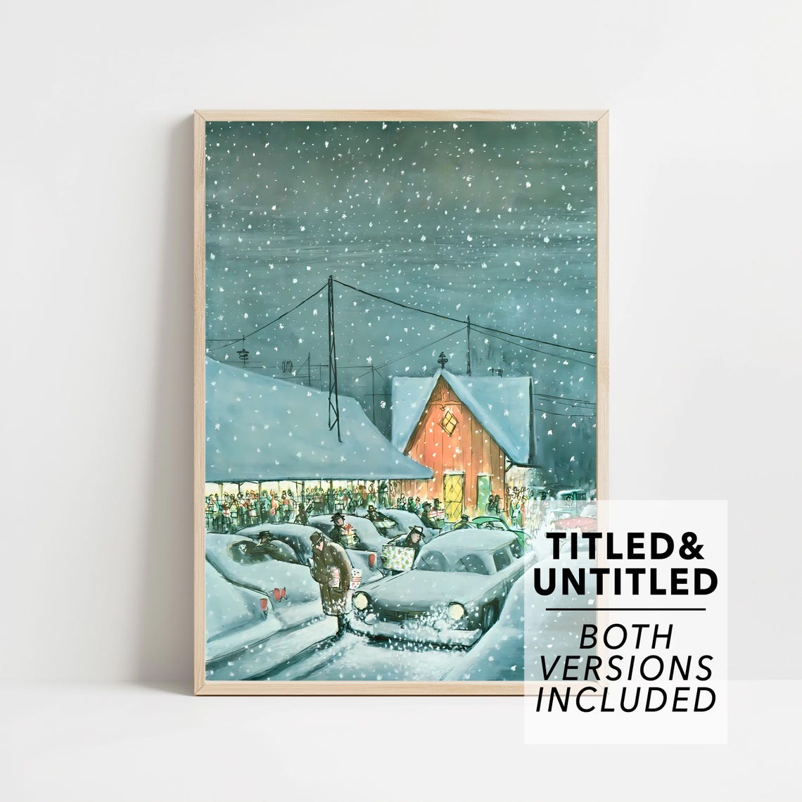 Snowy Village Night Vintage Christmas Winter Scene Art Poster