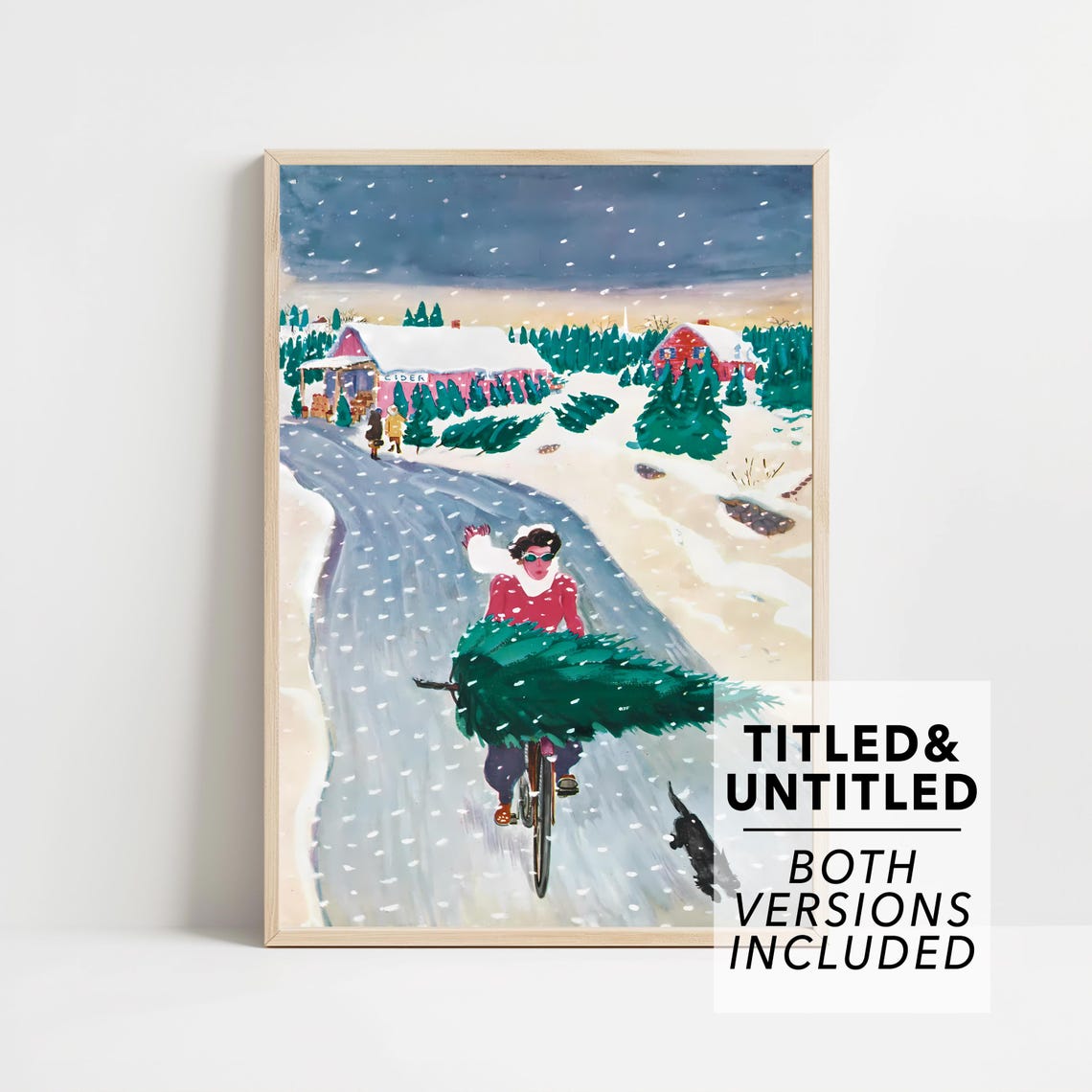 Woman Cycling With Christmas Tree Through Snowy Village Poster