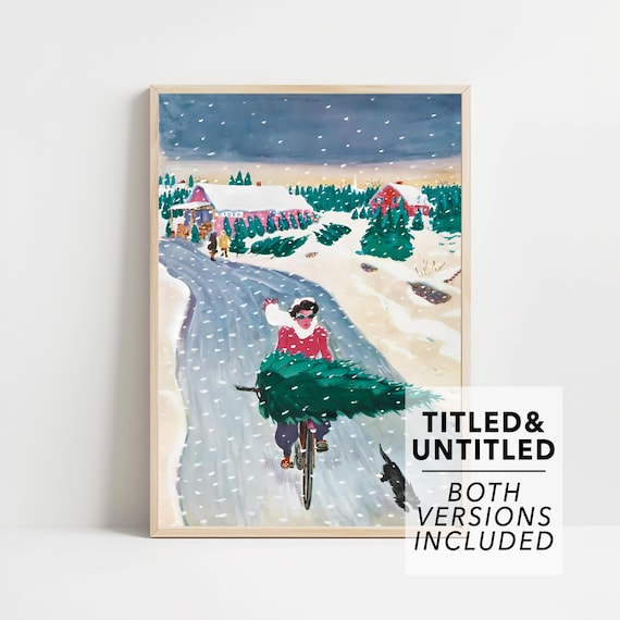 Woman Cycling With Christmas Tree Through Snowy Village Poster