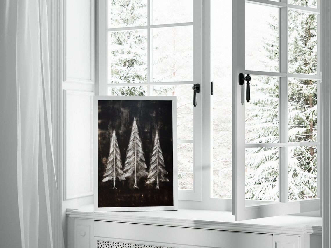 Black and White Snowy Pine Trees Moody Winter Night Wall Art - Image 2