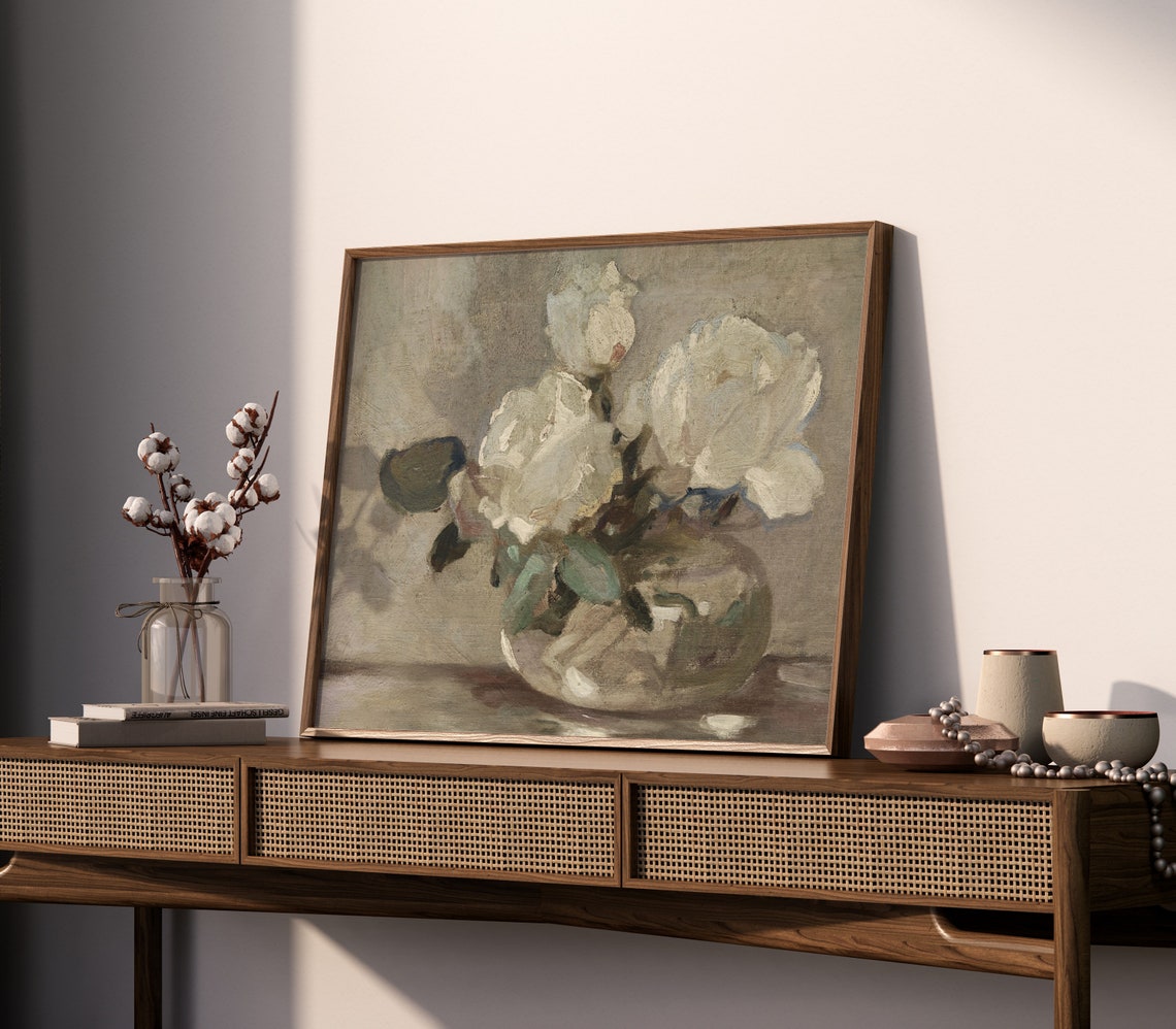 Neutral Vintage Flower Still Life Vintage Roses Vase Painting Bedroom Print French Cottage Neutral Farmhouse Decor - Image 3