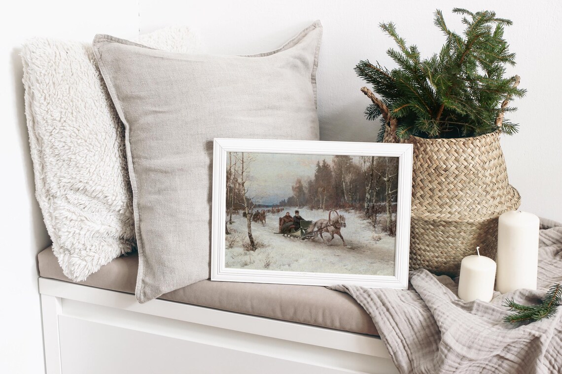Vintage Horse Drawn Sleigh Riders Snowy Birch Forest Oil Painting Print - Image 3