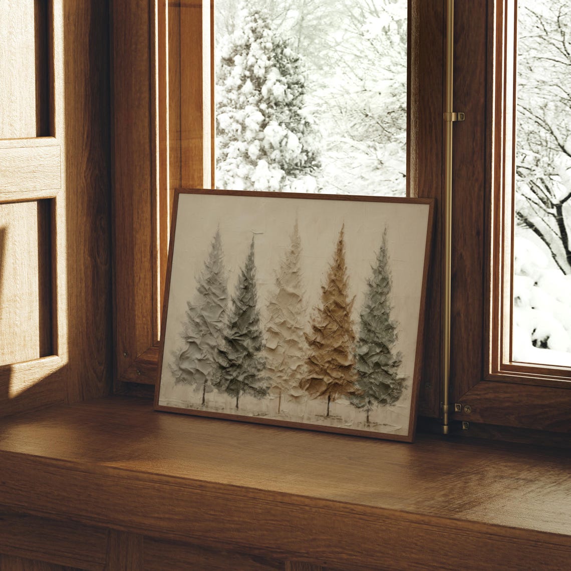Muted Textured Five Pine Trees Winter Forest Painting Wall Art - Image 4
