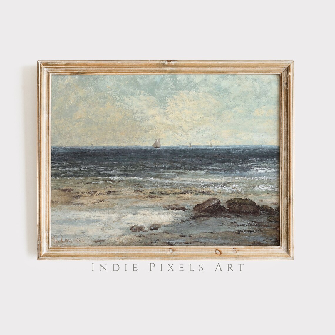 Vintage Ocean Seascape Rocky Shore with Sailboats Coastal Wall Art