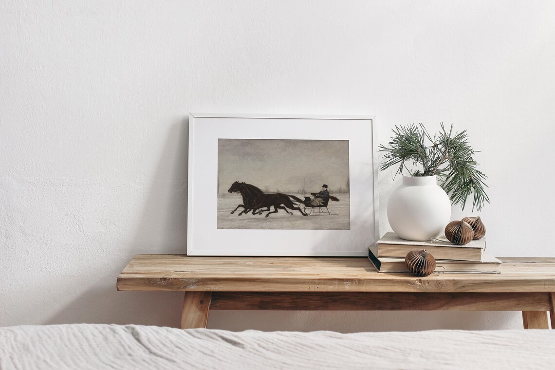 Vintage Horse Drawn Sleigh Ride Snowy Landscape Winter Painting Art Poster - Image 2