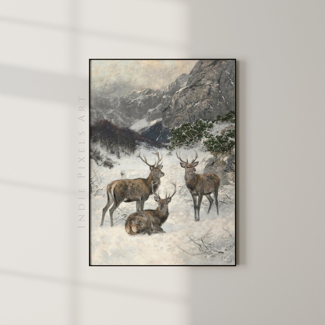 Vintage Stag Deer Snowy Mountain Valley Wildlife Oil Painting Print - Image 3