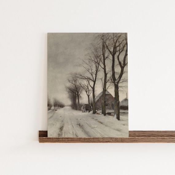 Moody Snowy Cottage Road Winter Bare Trees Landscape Oil Painting Poster