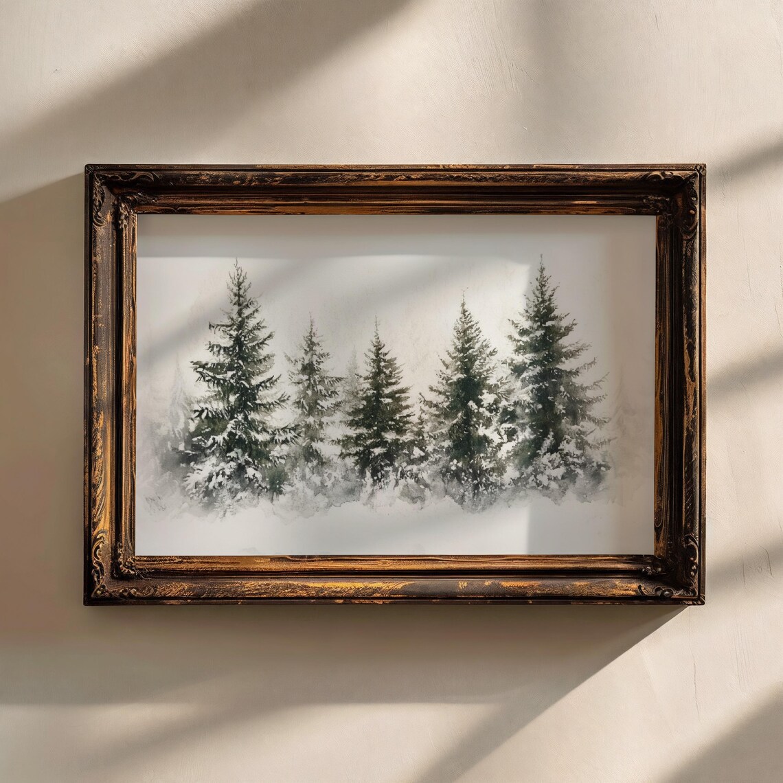 Snowy Evergreen Pine Forest Winter Watercolor Landscape Wall Art - Image 2