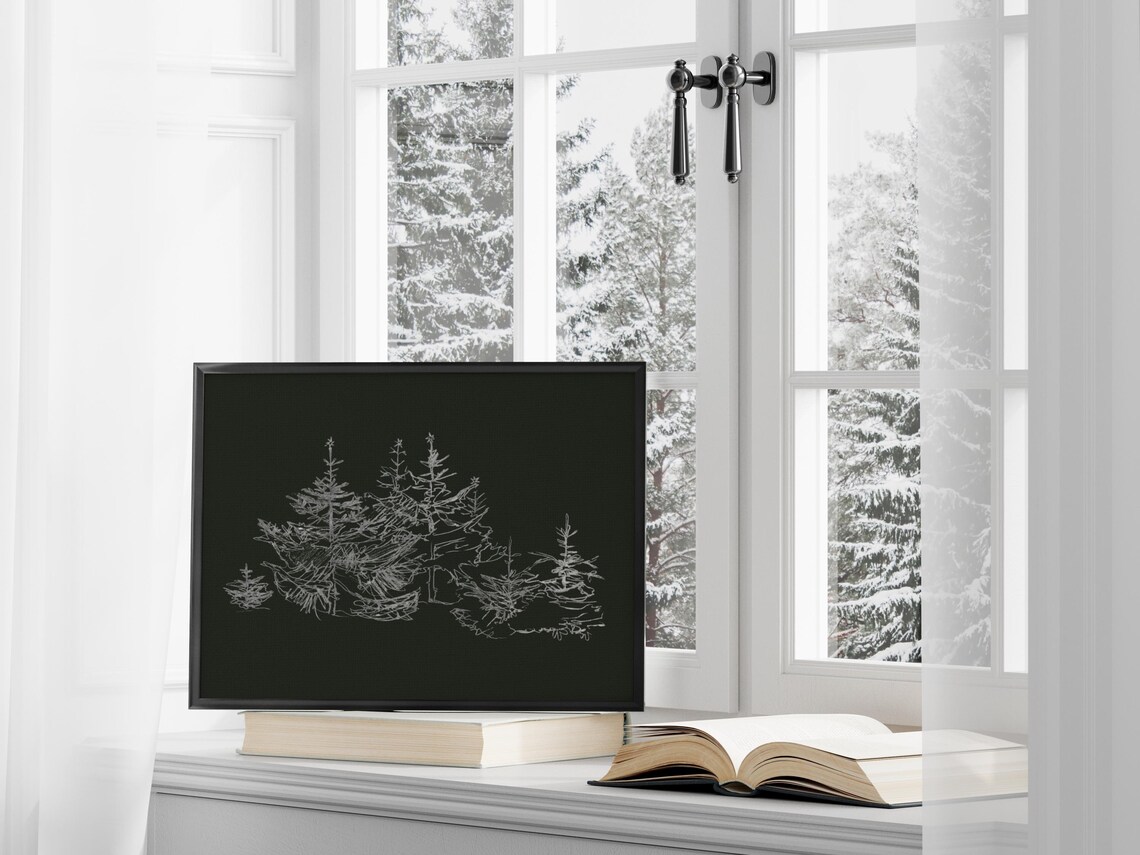 White Pine Tree Line Sketch Black Background Minimalist Winter Art Poster - Image 2
