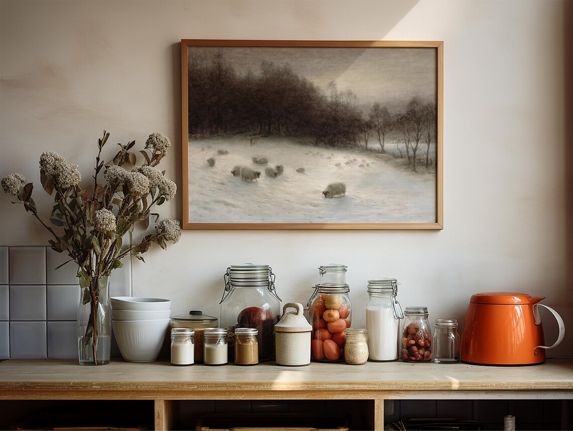 Moody Winter Sheep Snowy Field Dusk Vintage Oil Painting Farm Art Print - Image 4