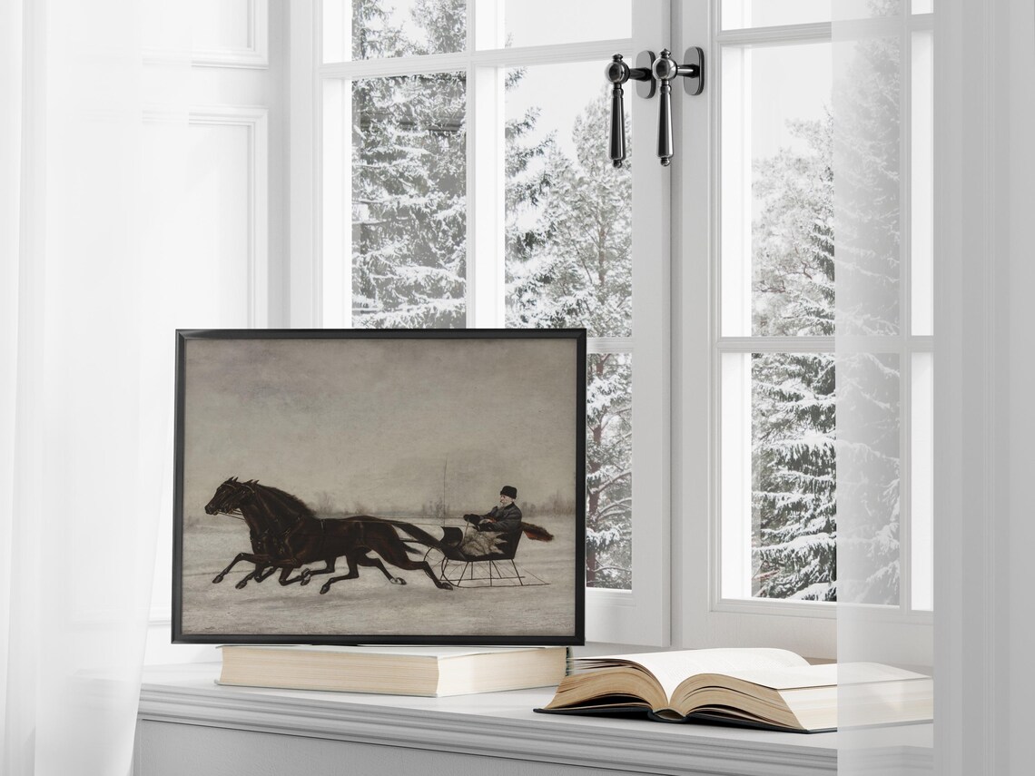 Vintage Horse Drawn Sleigh Ride Snowy Landscape Winter Painting Art Poster - Image 3