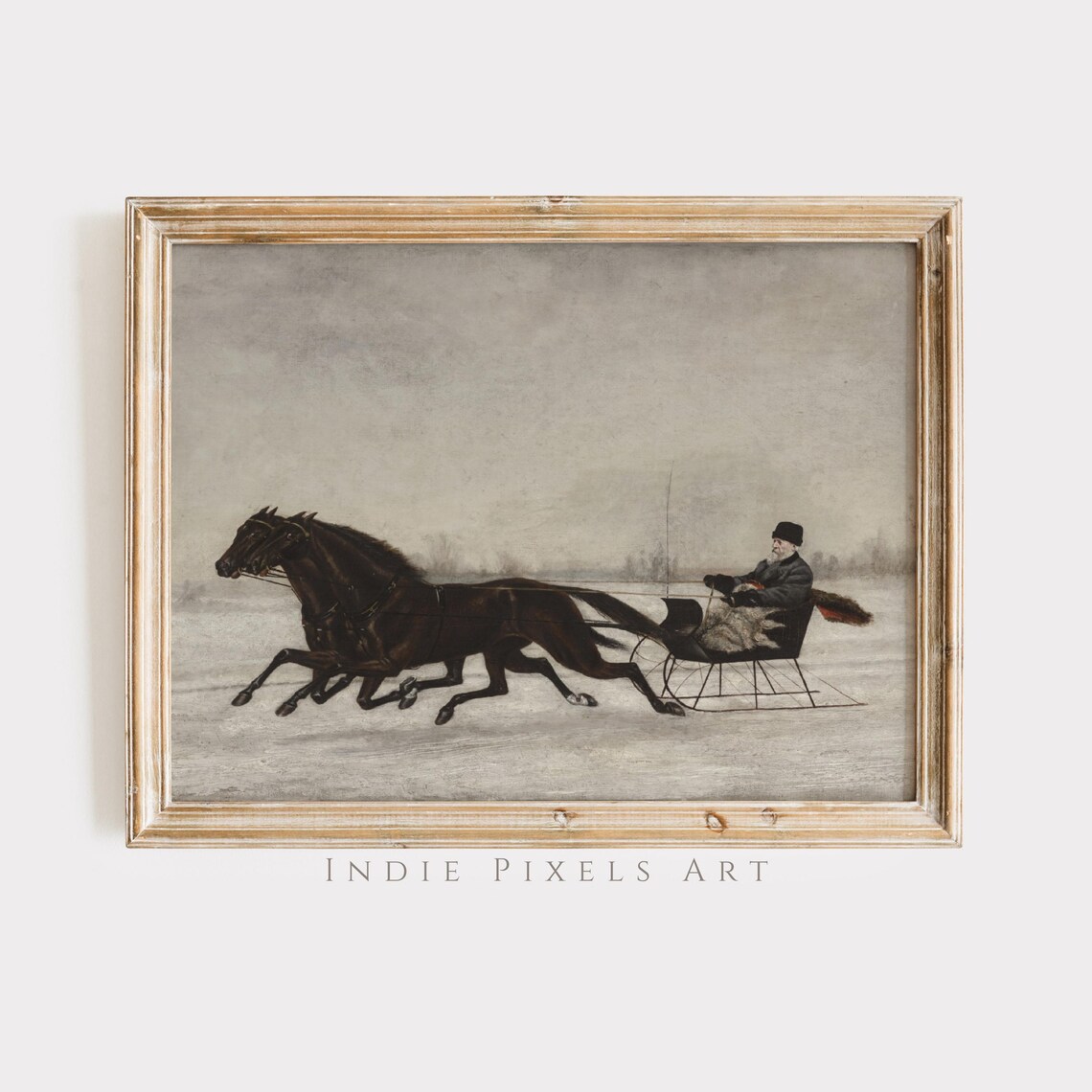 Vintage Horse Drawn Sleigh Ride Snowy Landscape Winter Painting Art Poster