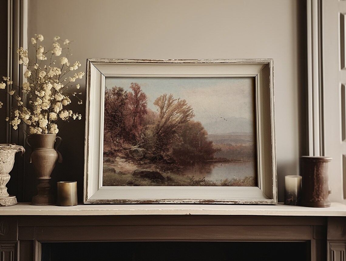 Rust Foliage Lake Shore Vintage Autumn Landscape Painting Print - Image 4