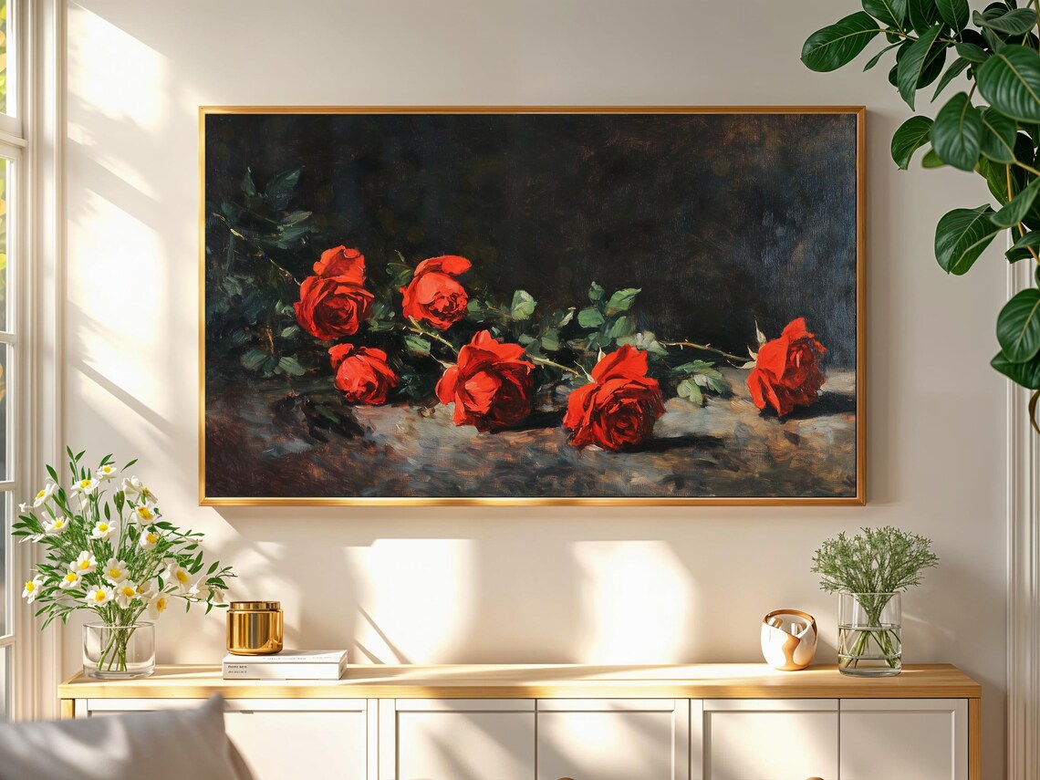 Red Roses Dark Moody Vintage Floral Still Life Oil Painting Poster - Image 2