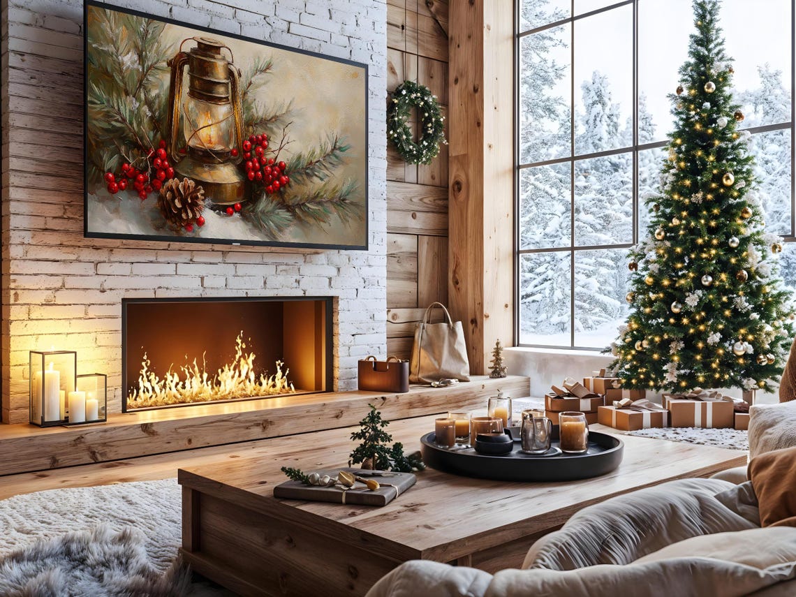 Vintage Lantern Glowing Candle Pine Berries Cozy Christmas Art Poster - Image 2