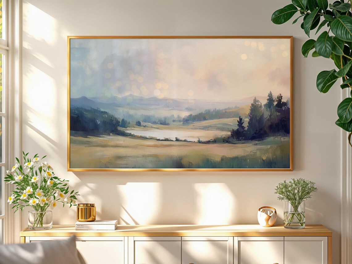 Moody Misty Valley Lake Vintage Landscape Oil Painting Art Print - Image 2