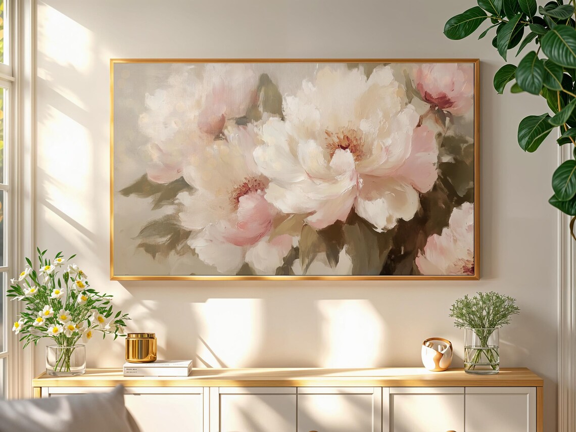 White Peonies Soft Romantic Vintage Floral Oil Painting Wall Poster - Image 2