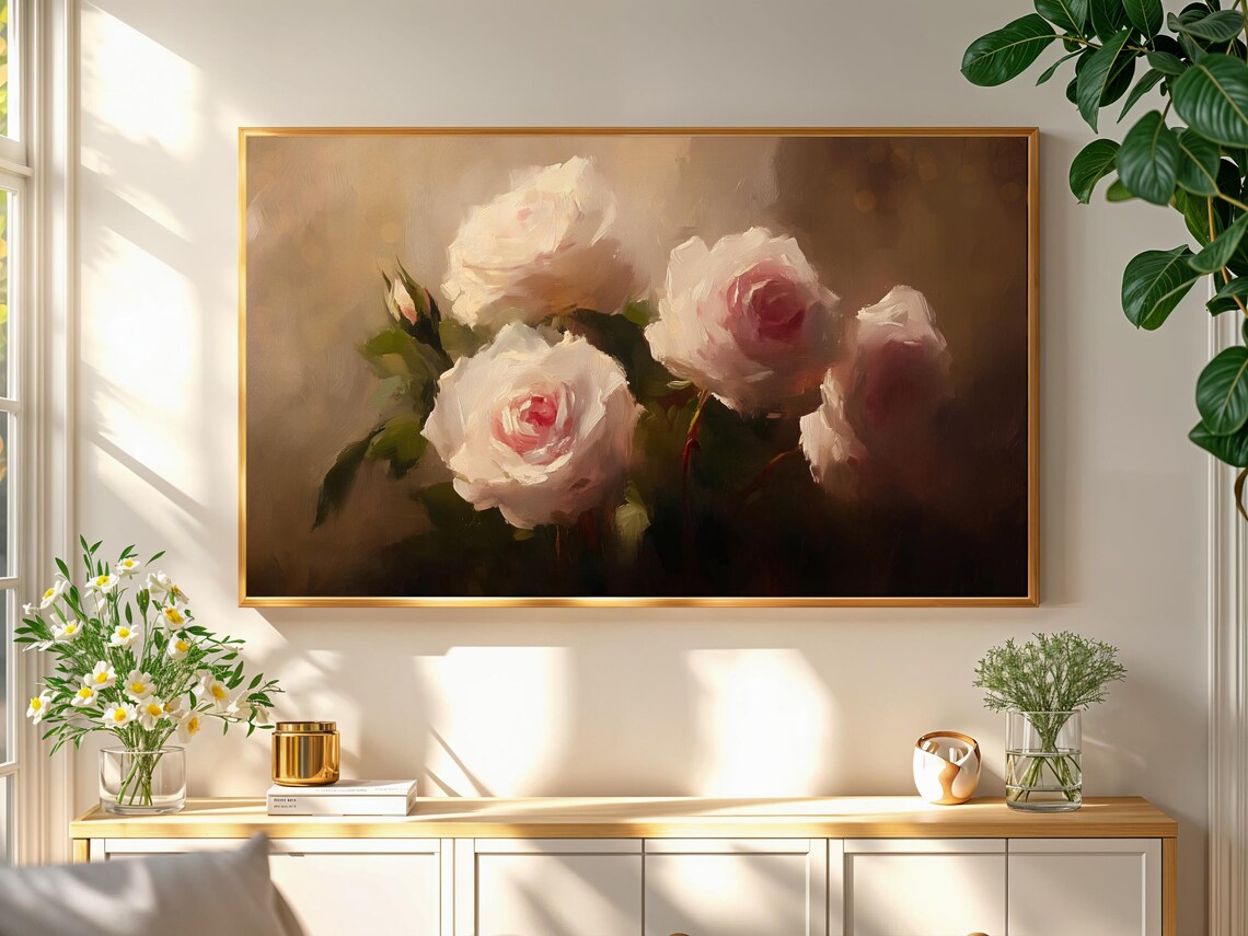 Blush Pink Roses Soft Vintage Romantic Floral Oil Painting Wall Poster - Image 2