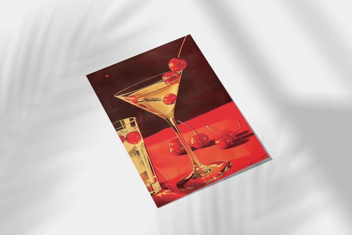 Retro Martini Cocktail With Cherries Vintage Red Bar Art Print - Image 2
