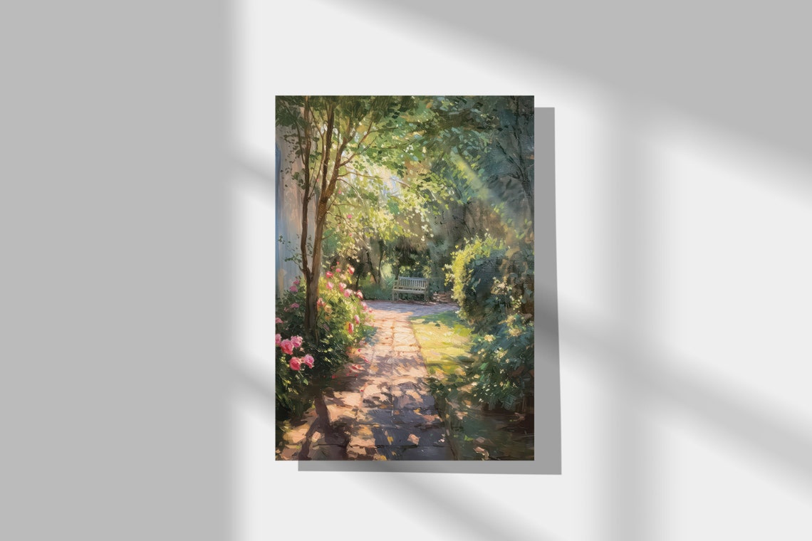 Sunlit Garden Path with Pink Roses Impressionist Landscape Poster - Image 2