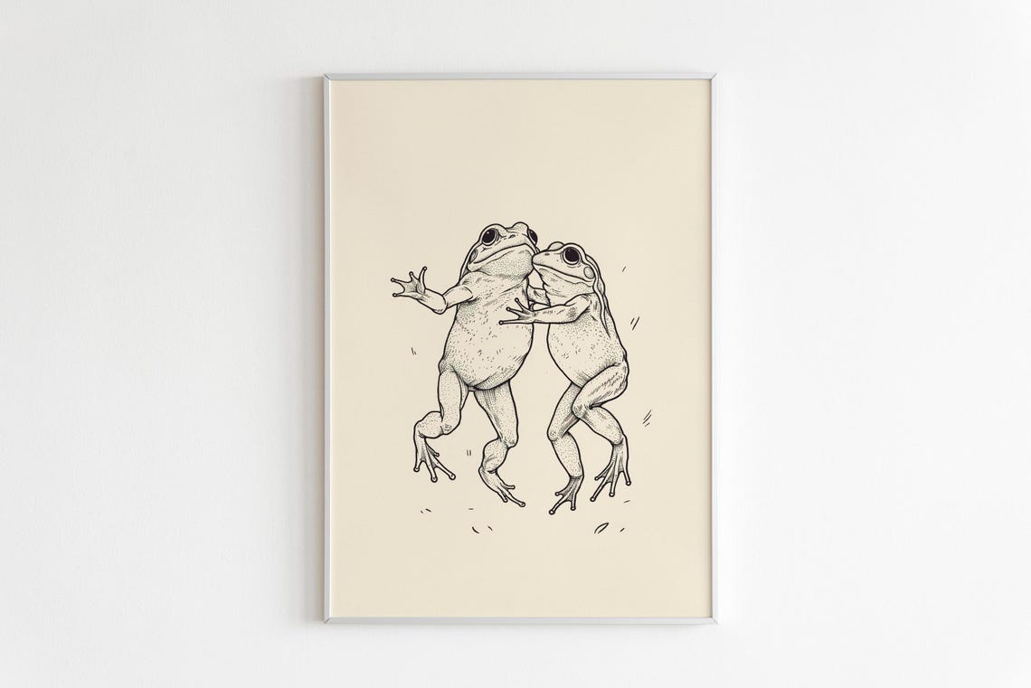 Two Dancing Frogs Japanese Ink Sketch Humorous Animal Wall Art