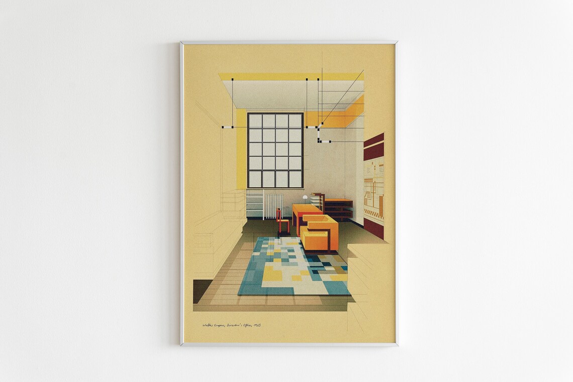 Modernist Interior Bauhaus Style Yellow Room Architectural Drawing Poster