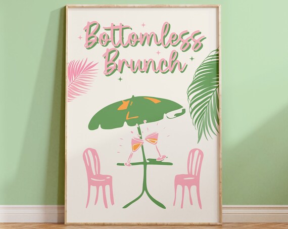 Bottomless Brunch Pink Cocktail Palm Umbrella Retro Party Poster