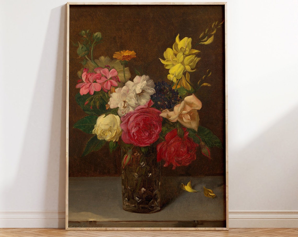 Vintage Flower Painting Print Flowers In A Glass Cut Vase Met Museum Oil On Floral Botanical Bouquet Vintage Poster Wall Art