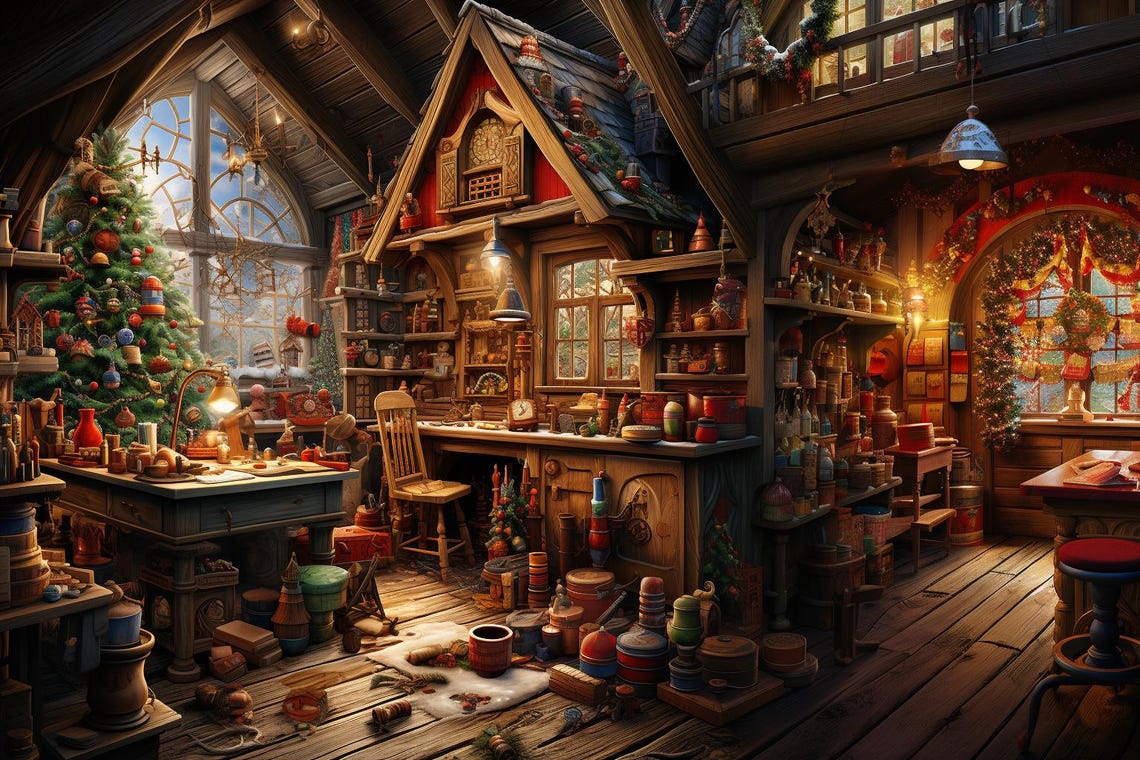 Santa's Cozy Christmas Workshop Interior With Toys and Tree Poster