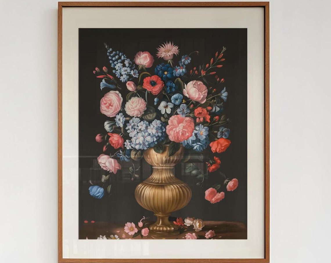 Moody Flowers Painting Vase Of Flowers Print Pink Blue Floral Decor Gothic Wall Art Dark Academia Print Antique Painting Dark Flower Prints - Image 4