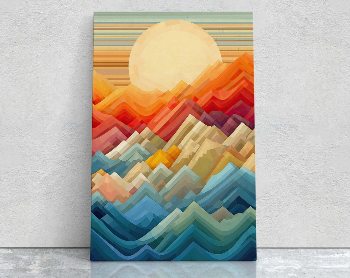 Minimalist Mountains Sunset Decor Flat Art Vibrant Color Bold Art Vertical Abstract Mountain Mid Century Modern Scandinavian Print