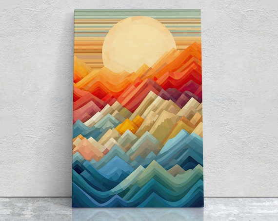 Minimalist Mountains Sunset Decor Flat Art Vibrant Color Bold Art Vertical Abstract Mountain Mid Century Modern Scandinavian Print