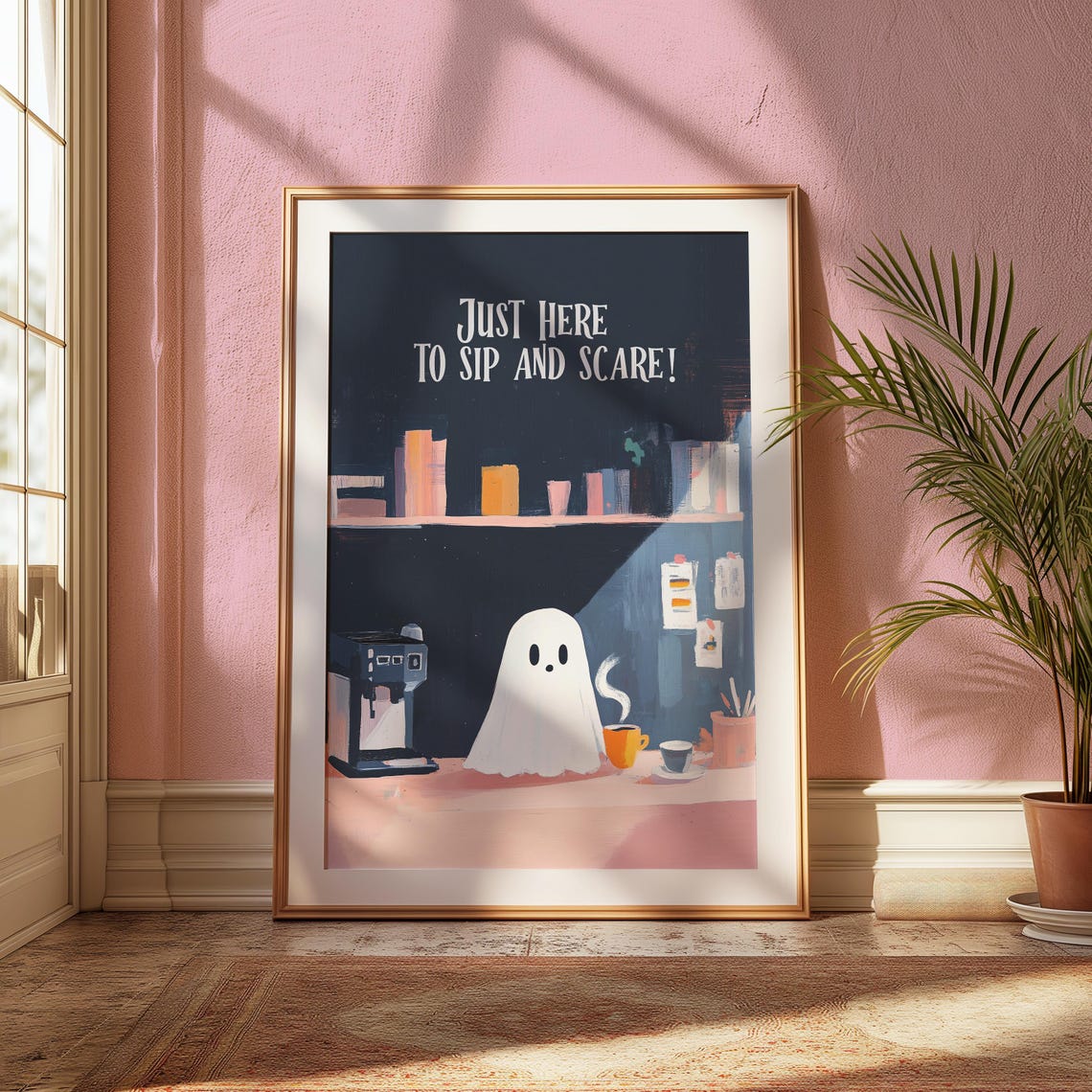 Just Here To Sip And Scare Cute Ghost Coffee Halloween Poster - Image 2