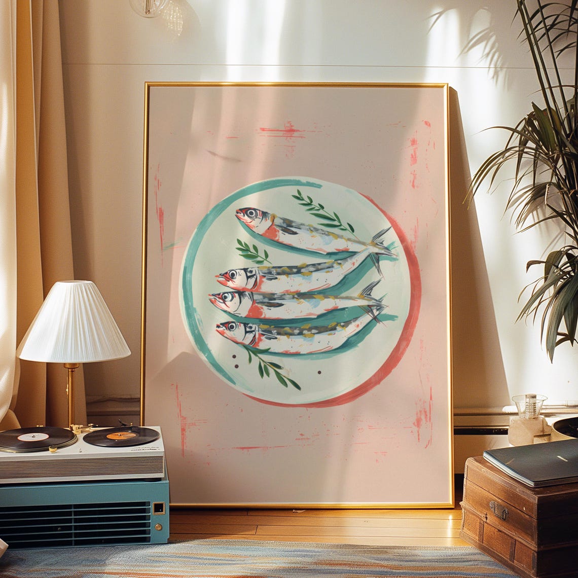 Pastel Pink Sardines Plate Retro Vintage Kitchen Fish Art Poster - Image 4