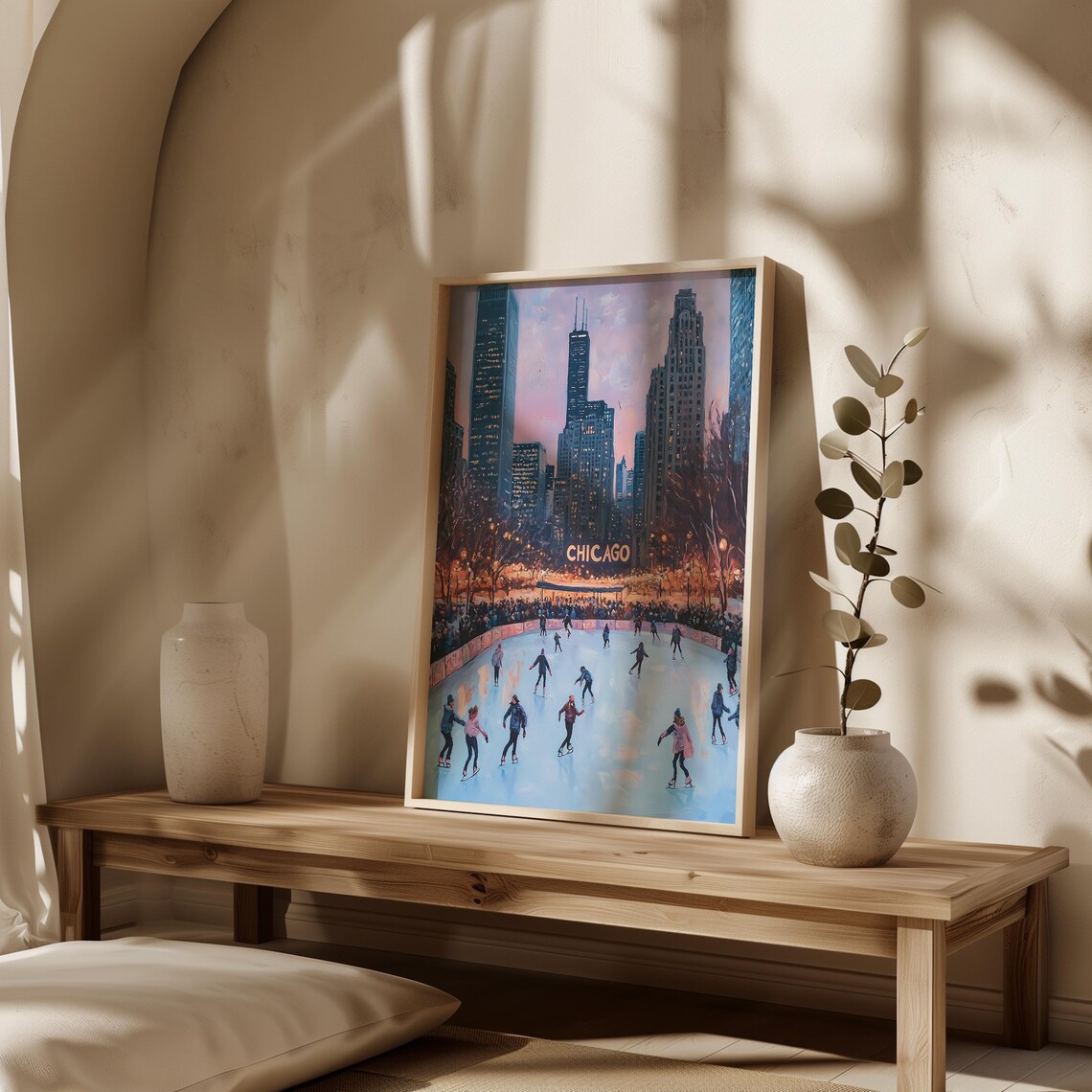 Chicago Ice Skating Rink at Dusk with Downtown Skyline Poster - Image 3