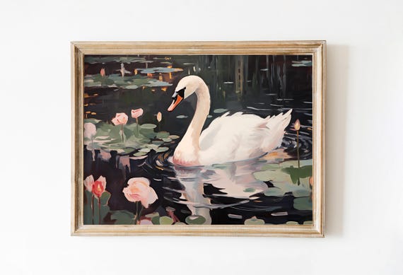 Nursery Art Dark Academia Painting Soft Pink Swan Lake Print Cottagecore Decor Sunset Painting Swan Dorm Decor Cute Farmhouse Wall Art