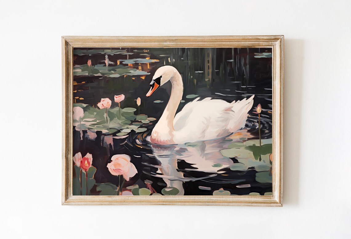 White Swan Lily Pond Night Painting Romantic Bird Art Poster
