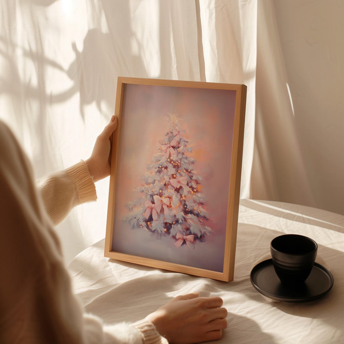 White Pink Christmas Tree with Satin Bows and Warm Lights Poster - Image 2
