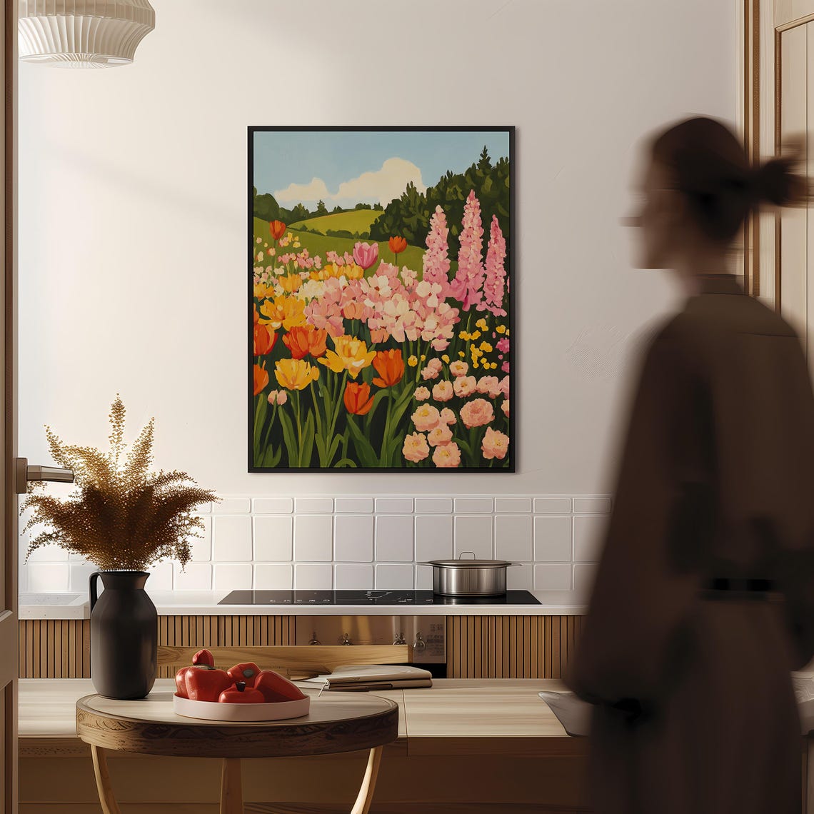 Colorful Wildflower Field With Tulips Under Blue Sky Art Poster - Image 2