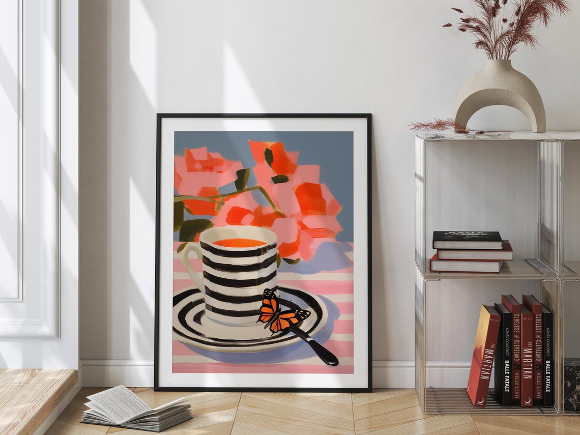Striped Coffee Cup Monarch Butterfly Modern Pink Kitchen Art Poster - Image 3