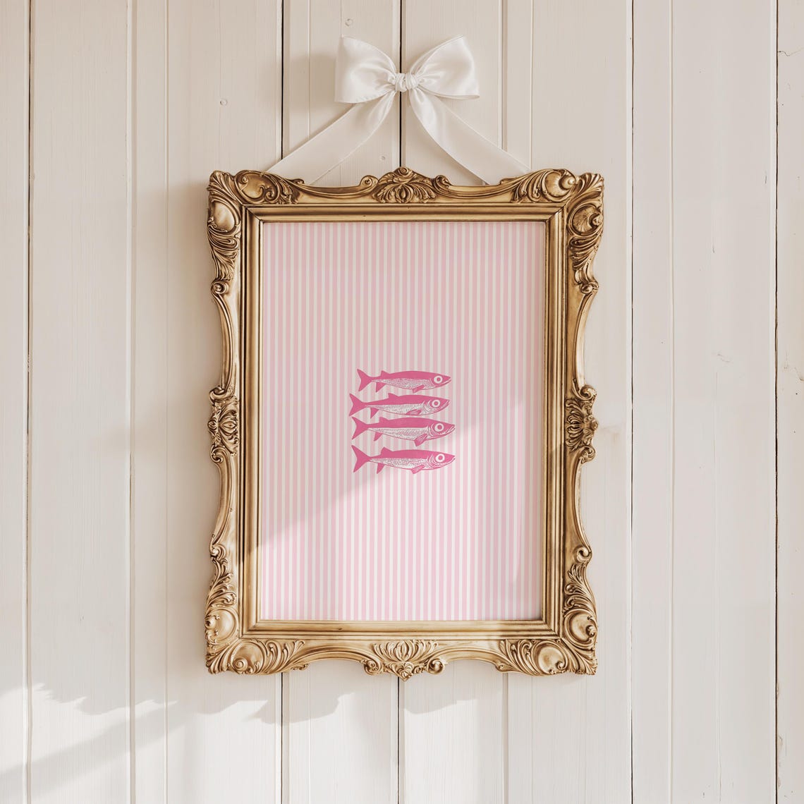 Pink Sardines On Stripped Background Print Kitchen Wall Art Dining Room Decor Retro Food Vintage Kitchen Decor Trendy Artful Fish Print