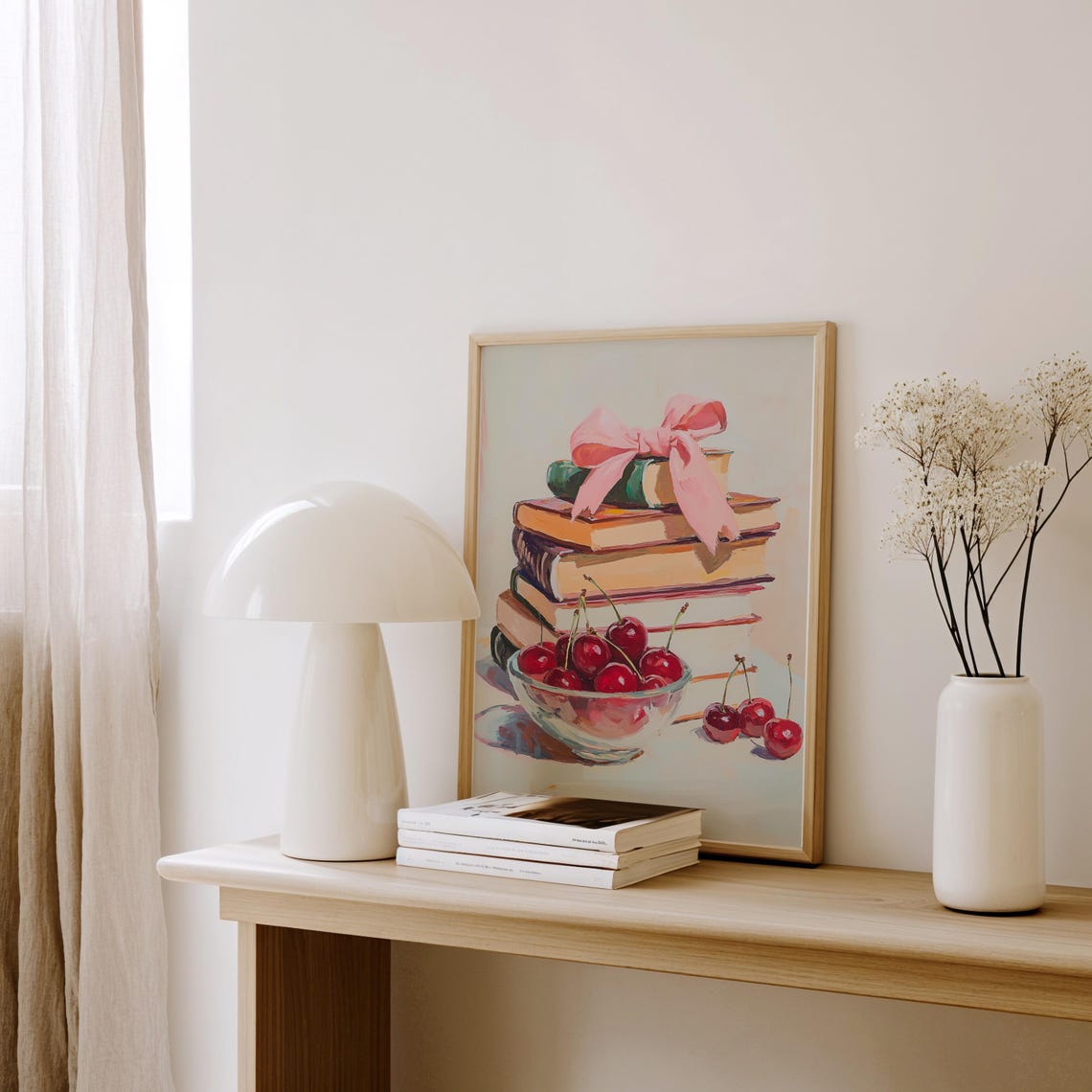 Books and Cherries with Pink Bow Coquette Still Life Decor Art Poster - Image 2
