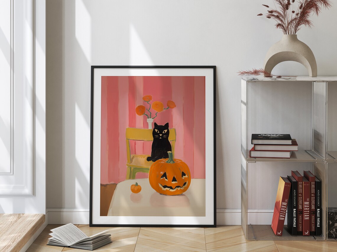 Black Cat Jack O Lantern Pink Cute Halloween Nursery Poster Art - Image 2