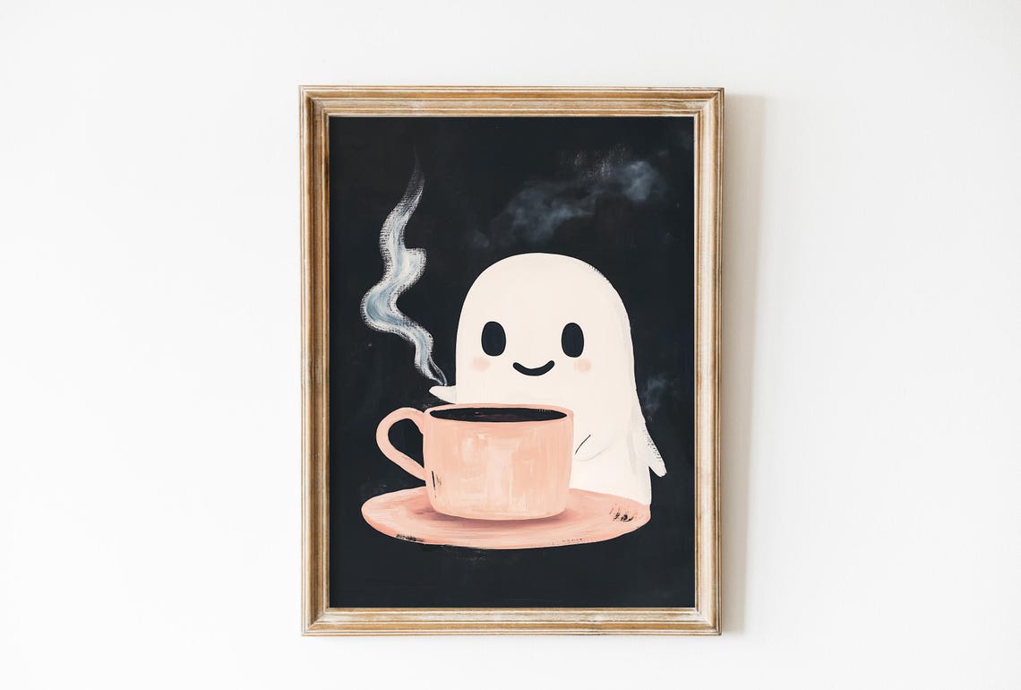 Cute Ghost Holding Pink Coffee Cup On Black Background Art Poster